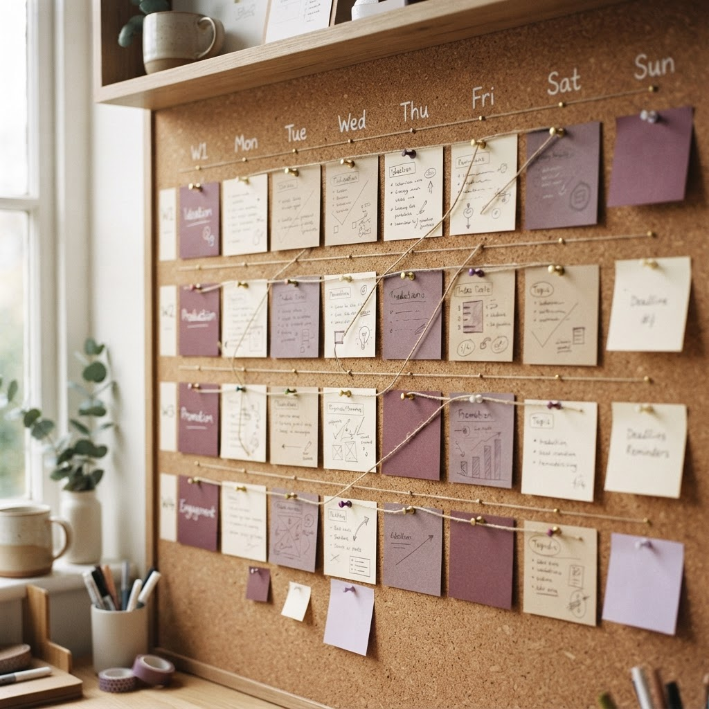 Quadro de cortiça com cartões organizados como um calendário editorial simples