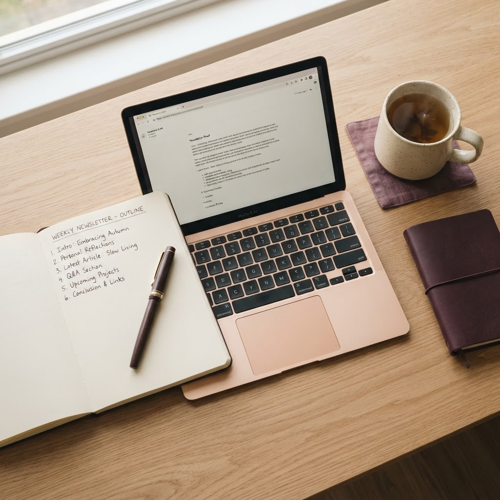 Mesa de trabalho com um caderno de rascunhos, um portátil aberto e uma caneta, representando o planeamento de uma newsletter